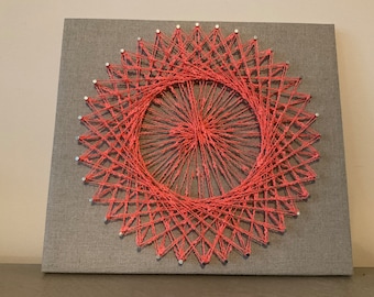 Pink String Art – Circle Design on Grey, Handmade Wall Decor