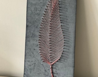 Handmade Feather String Art – Pink String on Grey Velvet
