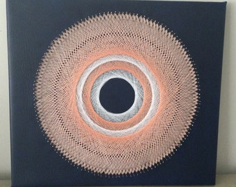 Handmade String Art: Peach & White Thread on Navy Leather