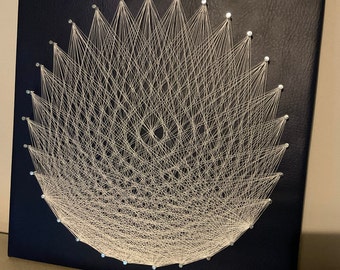 Lotus String Art – Handmade Thread on Navy Leather, Wall Hanging