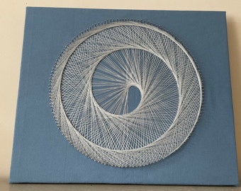Swirl String Art - Light Grey Thread on Blue