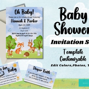Ensemble d'invitations pour baby shower Woodland verdure - livres pour bébé, tombola de couches, modèle de carte de remerciement