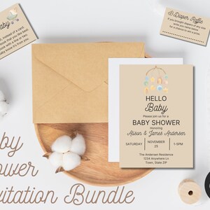 May include: A printable baby shower invitation bundle with a light brown background. The invitation features a watercolour illustration of a baby mobile with pastel colours. The text on the invitation reads "Hello Baby" and "Baby Shower". The invitation also includes the date, time, and location of the shower. The bundle also includes a "Books for Baby" card and a "Diaper Raffle" card.
