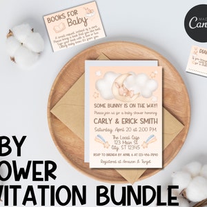 Conjunto de invitación para baby shower con diseño de conejito, sorteo de pañales, libros para bebé, descarga digital