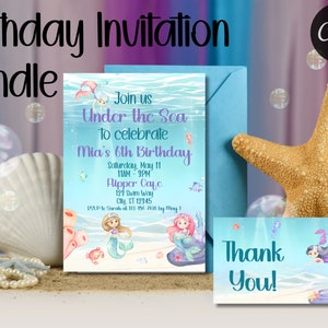 Faire-part d'anniversaire petite sirène, fête sous la mer, téléchargement immédiat, carte de remerciement, modèle de toile