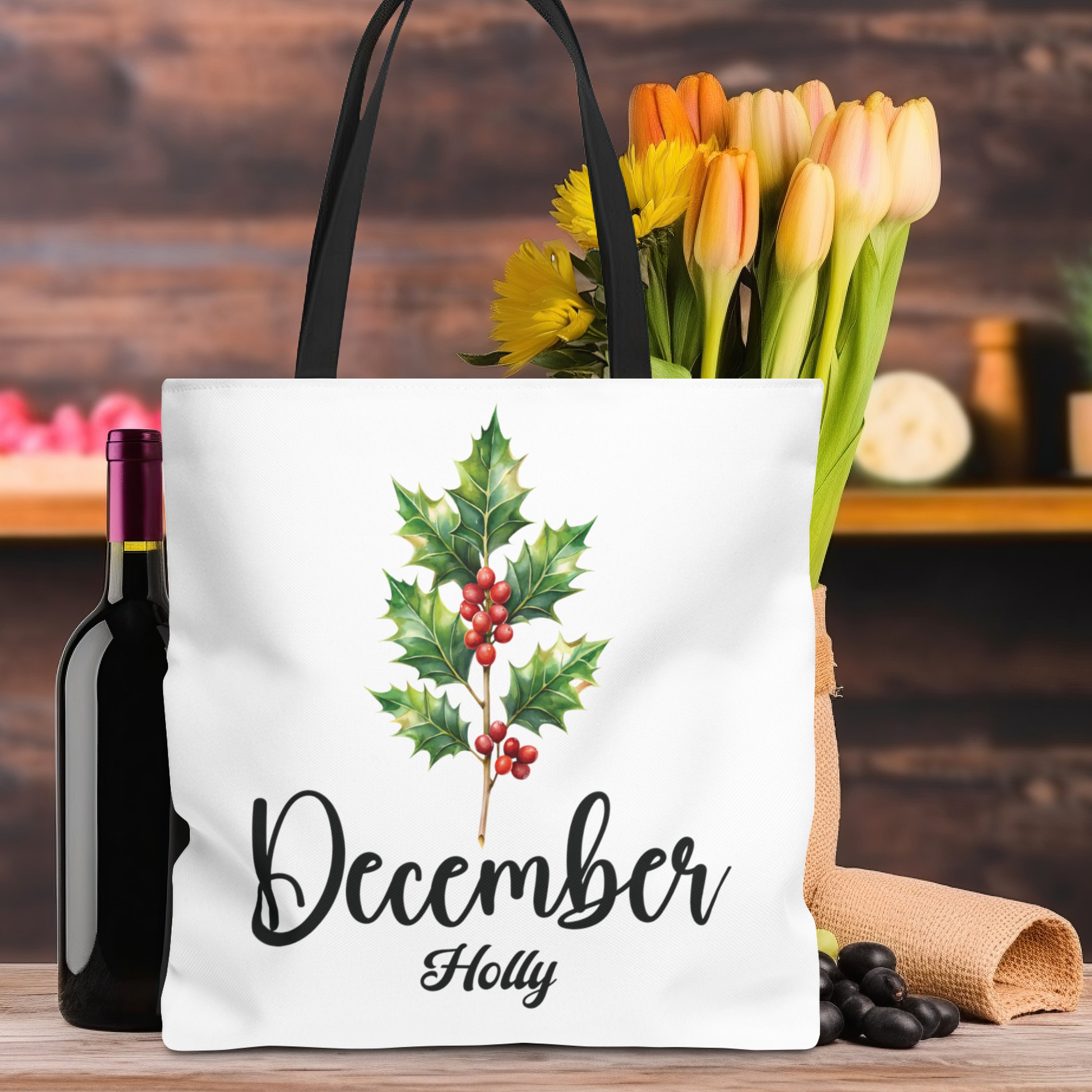 December Birth Flower Tote Bag, Holly Flower Bag, Holly Birthday