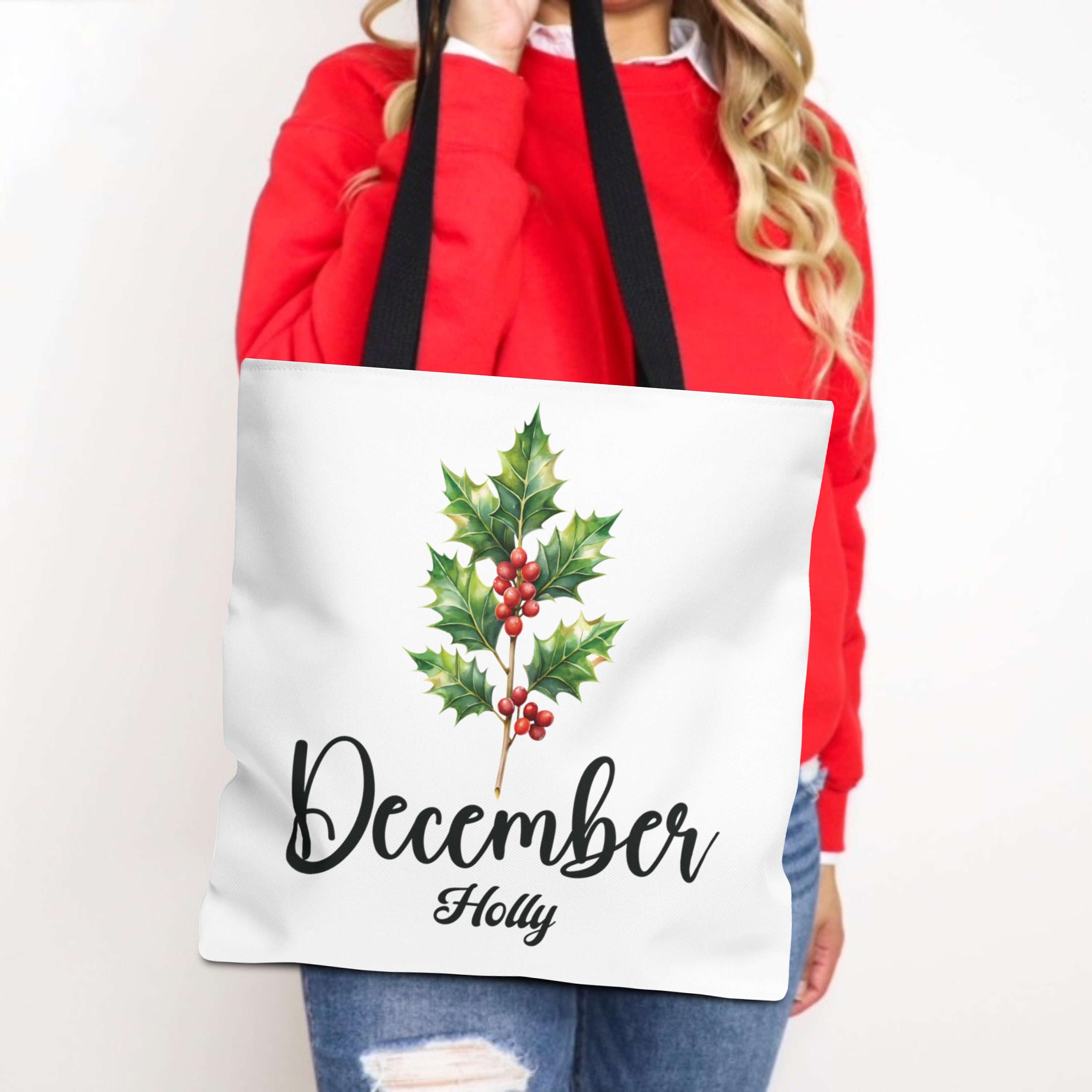 holiday FLOWER TOTE BAG（CIRCULATION） December Birth Flower Tote Bag, Holly Flower Bag, Holly Birthday