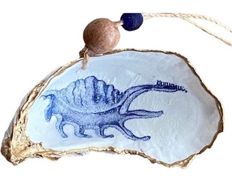 Blue Conch  Shell Decoupage Ornament/Oyster Shell Ornament