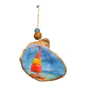 Tequila Sunrise Sailboat Decoupage Oyster Shell Ornament