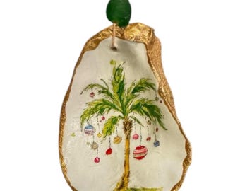 Decorated Palm Tree Christmas Ornament/ Decoupage Oyster Shell Ornament/Wine Charm