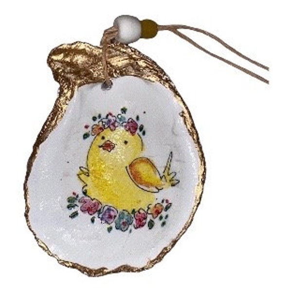 Floral Easter Chick Oyster Shell Ornament /  Decoupage Ornament for Spring