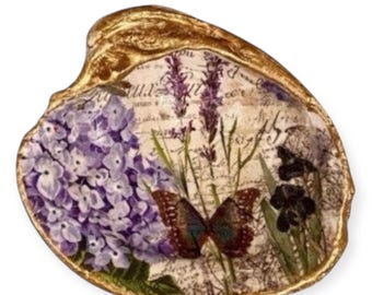 Decoupage Clam Shell Trinket Dish | Purple Flowers, Butterfly Jewelry Dish