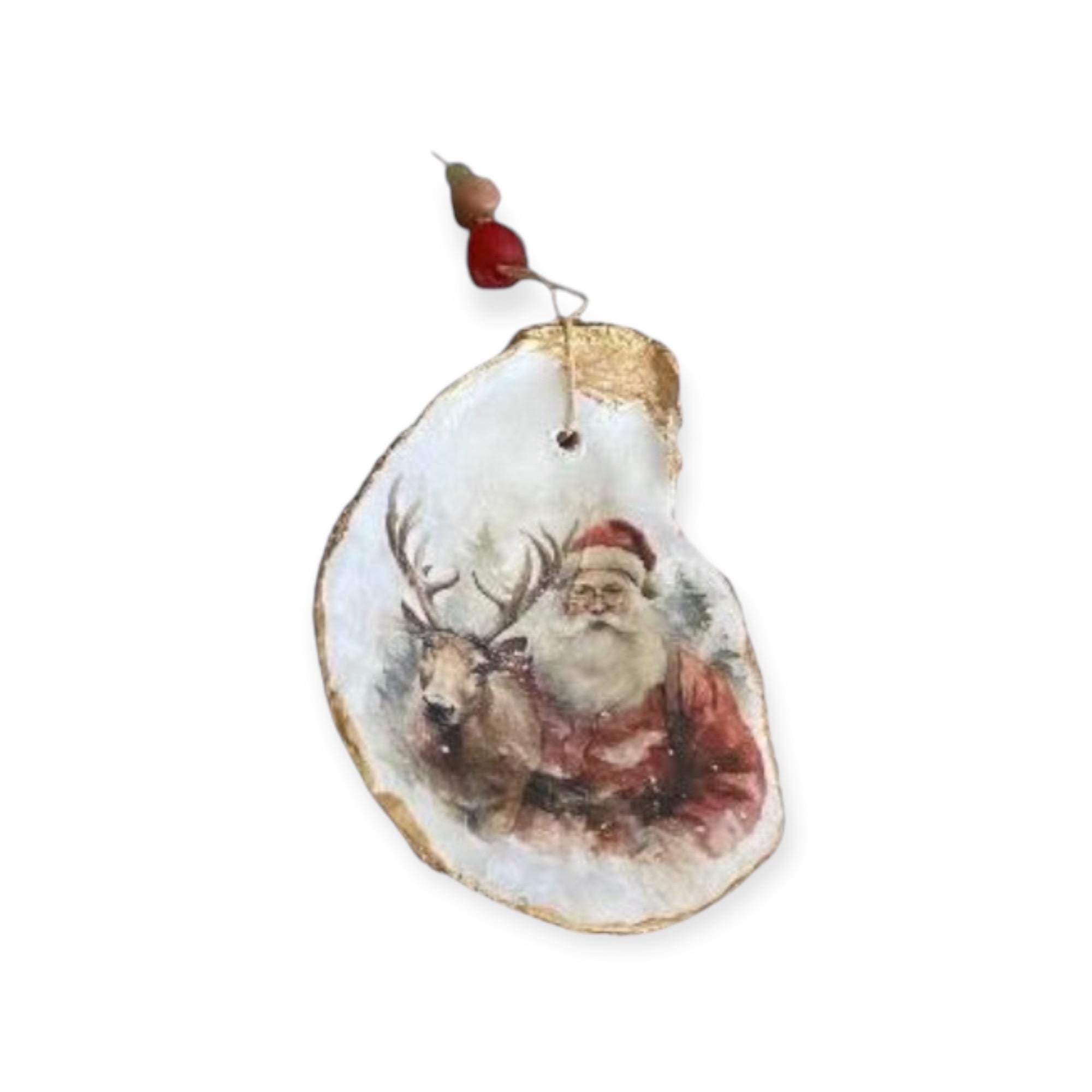 Vintage Oyster Shell Decoupage Ornament - Santa & Reindeer Christmas Decor