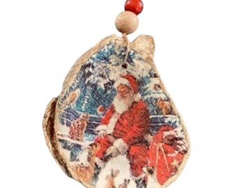 Ornament with Santa and Woodland Animals, Decoupage Oyster Shell Christmas Ornament
