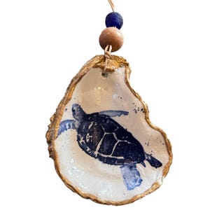 Blue Sea Turtle Oyster Shell Ornament, Coastal Wine Charm