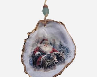 Vintage Santa Claus with 2 Reindeer Oyster Shell Decoupage Christmas Tree Ornament/Wine Bottle Charm, Hostess Gift; Secret Santa Gift