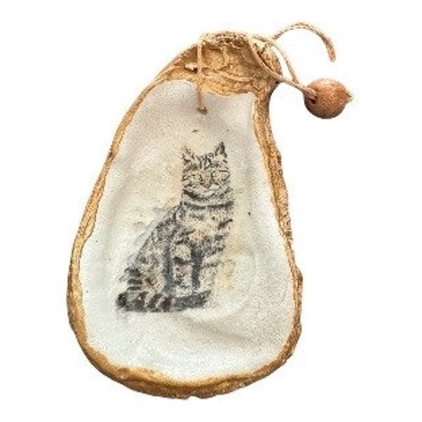 Adorable Tabby Cat Oyster Shell Ornament - Unique Decoupage Gift Idea/Gray Tabby Cat Shell Ornament - Handmade Decoupage Kitty Decor