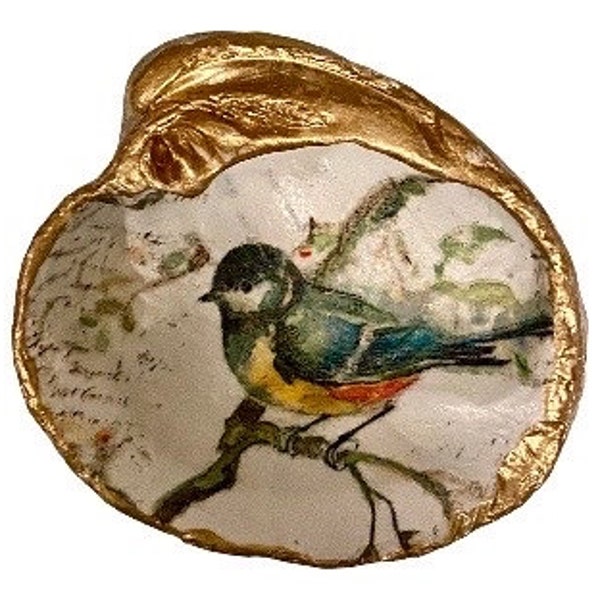 Bird Design Clam Shell Trinket Dish - Handmade Jewelry Holder/Elegant Bird Print Trinket Dish - Decoupage Jewelry Holder/Gift for Mother