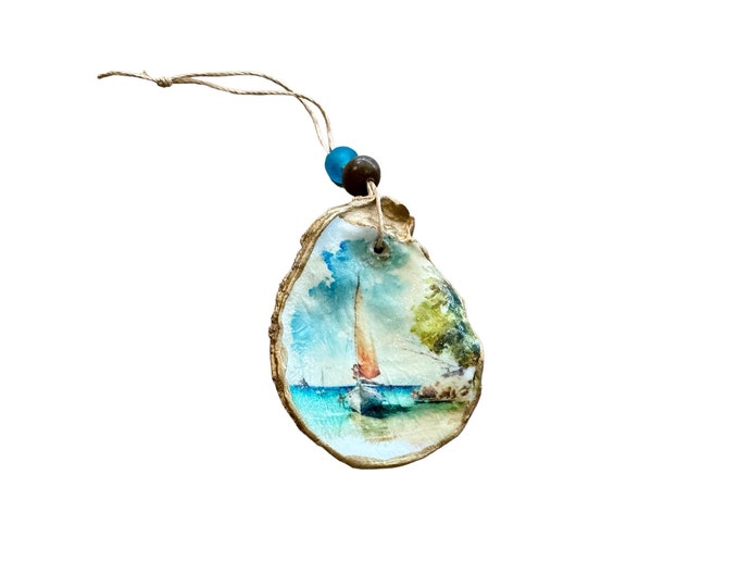 Handcrafted Oyster Shell Sailboat Ornament- Beach Lovers Gift Idea/Sailing Tropical Paradise Decoupage Ornament-Nautical Beach House Decor