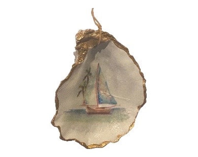 Nautical Sailboat Sea Shell Ornament - Watercolor Coastal Decor/Ocean Inspired Decoupage Oyster Shell Sailboat Ornament - Beach House Gift