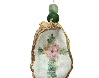 Floral Oyster Shell Cross Ornament | Beaded Easter Decor