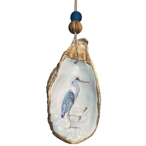Elegant Blue Heron Decoupage Oyster Shell Ornament - Coastal Home Decor/Wedding Favor