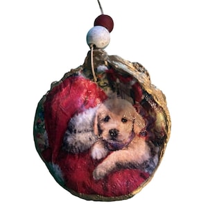 Golden Retriever Puppy Christmas Ornament – Handmade Oyster Shell Decor
