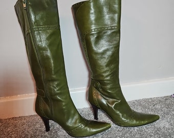 Olive Coloured Over Calf Heeled Boots