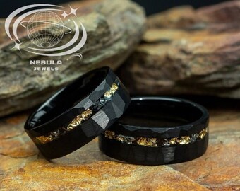 8mm Meteorite Gold Leaf Black Tungsten Hammered Carbide Rings For Men - Gift For Him