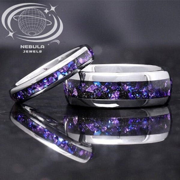 4/8mm Nebula Amethyst Silver Tungsten Ring - Couples Ring Set - Anniversary Gift For Him And Her