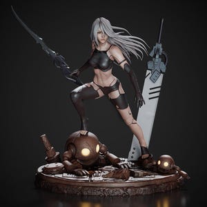 May include: A detailed figurine of a silver-haired character in a black outfit, wielding a long sword and a large blade. The figure stands on a circular base featuring two small, rusted, spherical robots with glowing yellow eyes amidst debris.