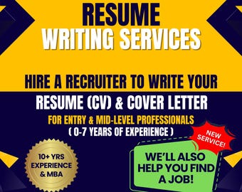 May include: An advertisement for resume writing services. The text reads "RESUME WRITING SERVICES" and "HIRE A RECRUITER TO WRITE YOUR RESUME (CV) & COVER LETTER". Includes "10+ YRS EXPERIENCE & MBA" and "WE'LL ALSO HELP YOU FIND A JOB!"
