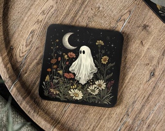 Witchy Ghost Hardboard Coaster, Moon Floral Design