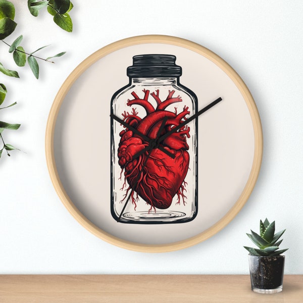 Analog Clock with Red Anatomical Heart in Glass Jar | Creepy Digital Art Anatomy Gothic Office Wall Decor Gift For Goth Horror Lovers