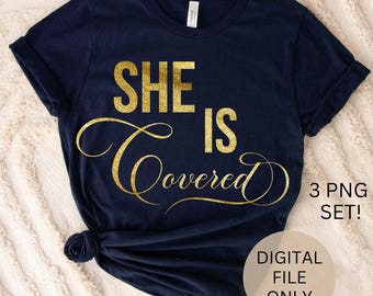 Sie ist bedeckt - PNG, Christlich, Religiös, Glaube, Jesus, Inspiration, Motivation, Bibelvers, schwarze Frau, T-Shirt-Transferdruck, Gott, DTF