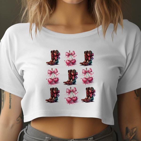 womens coquette cowgirl 90's baby tee with cute cowgirl boots and cherries and bows