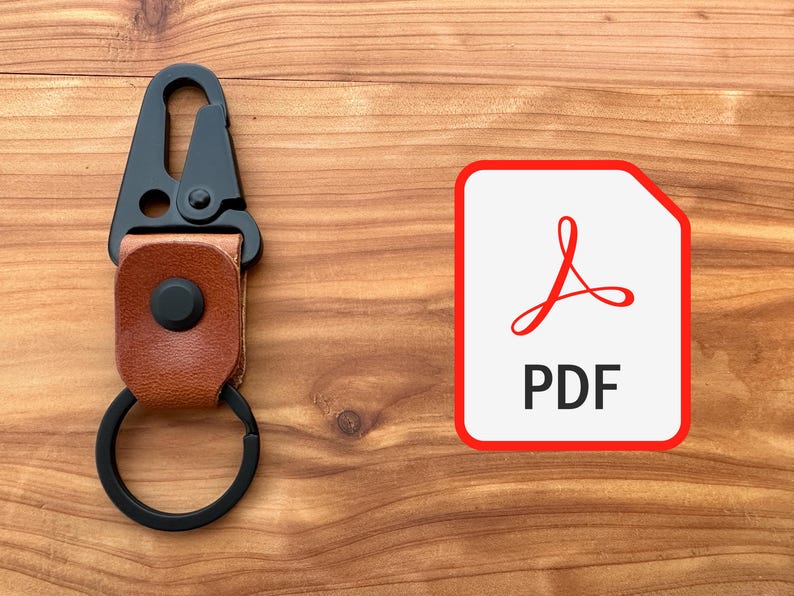 May include: A black carabiner keyring with a brown leather strap and a black key ring. A red and white PDF icon is on the right. The items are on a wooden surface.
