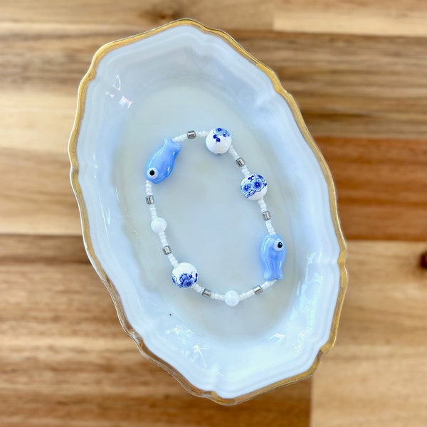 Blue and white beaded bracelet | porcelain fish beads | 6 inches | Handmade | Christmas mothers day birthday gift for her | Boho jewelry