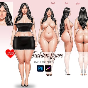 Female Plus size Fashion Croquis, 9-Head Female Sketch, Front and Back , Realistic Fashion Illustration, Flat Fashion Templates