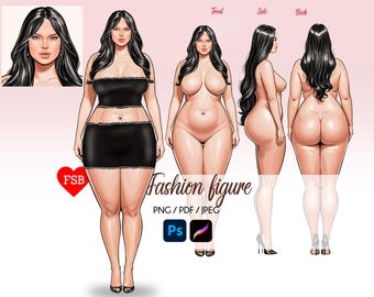 May include: A digital illustration of a fashion figure in a black skirt and top, shown from the front, side, and back. The figure has long black hair and is wearing high heels.