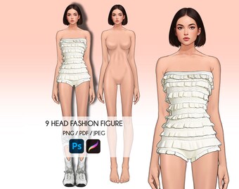 9-Head Female Fashion Croquis: Realistic Illustration Template (Digital Download)