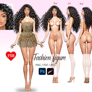 Female Fashion Croquis, 9-Head Female Sketch, Front Side and Back , Realistic Fashion Illustration, Flat Fashion Templates
