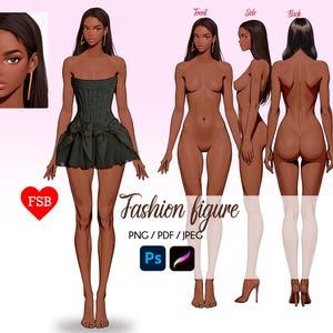 Female Fashion Croquis, 9-Head Female Sketch, Front Side and Back , Realistic Fashion Illustration, Flat Fashion Templates