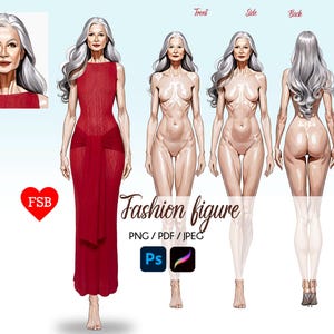 Elderly Female Fashion Croquis, 9-Head Female Sketch, Front Side and Back , Realistic Fashion Illustration, Flat Fashion Templates