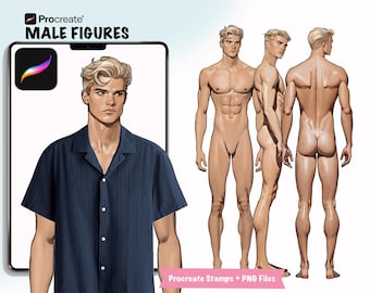 Könnte beinhalten: Digitale Kunst von männlichen Figuren in verschiedenen Posen, einschließlich Vorder-, Seiten- und Rückansichten. Das Bild zeigt auch eine digitale Illustration einer Person, die ein dunkelblaues Hemd mit Knöpfen trägt. Der Text enthält "Male Figures" und "Procreate Stamps + PNG Files".