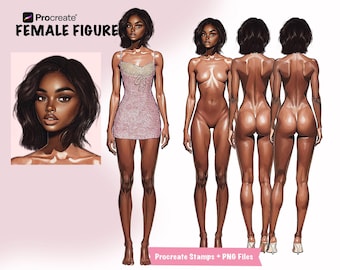 Könnte beinhalten: Digitale Illustration einer weiblichen Figur in verschiedenen Posen. Das Bild zeigt ein Porträt, eine Ganzkörperansicht in einem rosa Kleid und drei Rückansichten. Der Text "Procreate FEMALE FIGURE" ist oben zu sehen.