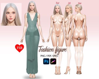 May include: A digital illustration of a fashion figure in a green dress. The figure is shown from the front, side, and back. The image includes the text "Fashion figure" and "PNG / PDF / JPEG".