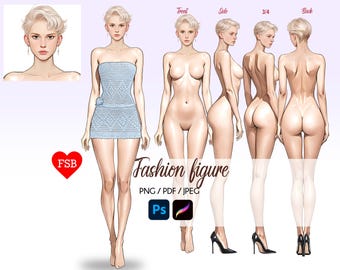 May include: A digital illustration of a fashion figure in a blue crochet dress. The figure is shown from the front, side, 3/4, and back views. The illustration is labeled "Fashion Figure" and includes the text "PNG / PDF / JPEG".