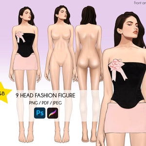 Female Fashion Croquis, 9-Head Female Sketch, Front and Back , Realistic Fashion Illustration, Fashion Templates, Designer Croquis