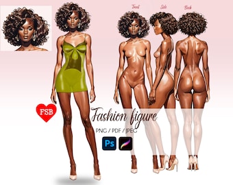 Könnte beinhalten: Eine digitale Illustration einer Modefigur in einem grünen Kleid. Die Figur wird von vorne, von der Seite und von hinten gezeigt. Die Illustration ist mit "Fashion figure" beschriftet und enthält den Text "PNG / PDF / JPEG".